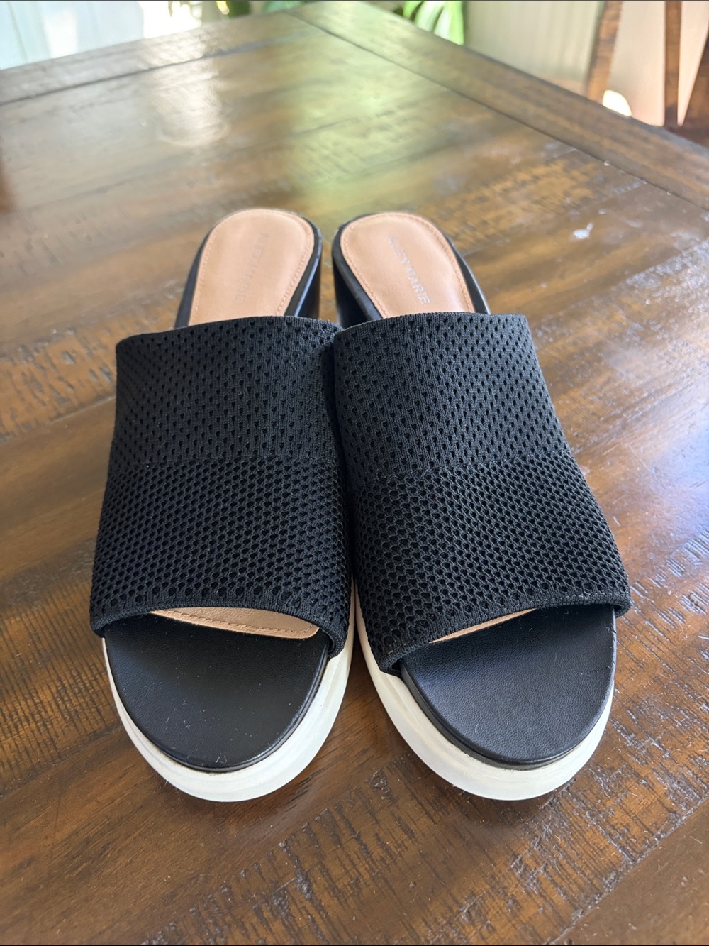 Alex Marie Black Mesh Slide Mules with White Platform